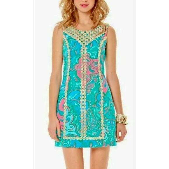 Lilly Pulitzer MacFarlane Gold Lace Multi Lilly Lounge sz 6 Shift Dress $198 - Picture 2 of 16